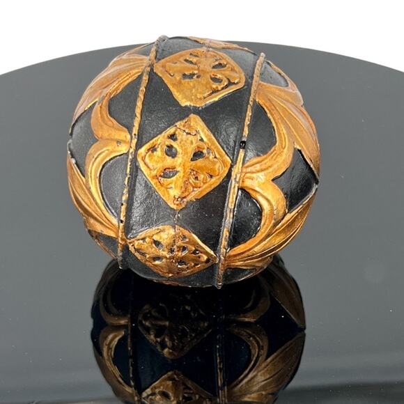 Ornate Black & Gold Decorative Sphere Ball Intricate Vintage Accent - Picture 5 of 6